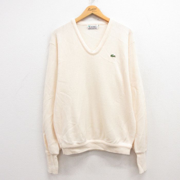 【20%OFF】L★古着 ラコステ LACOSTE IZOD 長袖 ブランド セーター メンズ 80年代 80s ワンポイントロゴ Vネック 生成り 24dec05 中古 ニット トップス