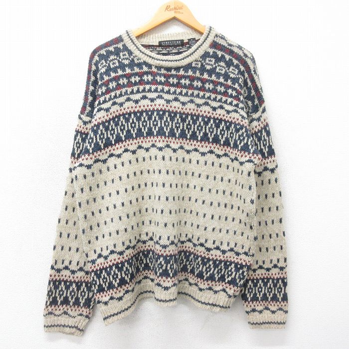 【50%OFF】L★古着 STRUCTURE 長袖 セーター メンズ 00年代 00s クルーネック ベージュ他 カーキ 24dec05 中古 ニット トップス