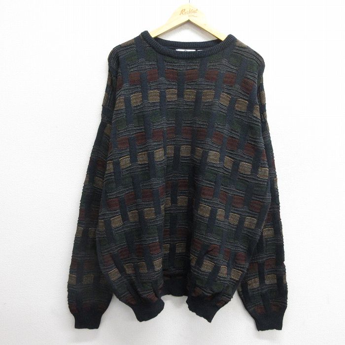 XL★古着 FARAH 長袖 セーター メンズ 大きいサイズ アクリル クルーネック 紺系他 ネイビー 24dec05 中古 ニット トップス