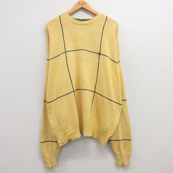 XL★古着 ノーティカ NAUTICA 長袖 ブランド セーター メンズ 90年代 90s ワンポイントロゴ 大きいサイズ コットン クルーネック 黄他 イエロー 24dec06 中古 ニット トップス