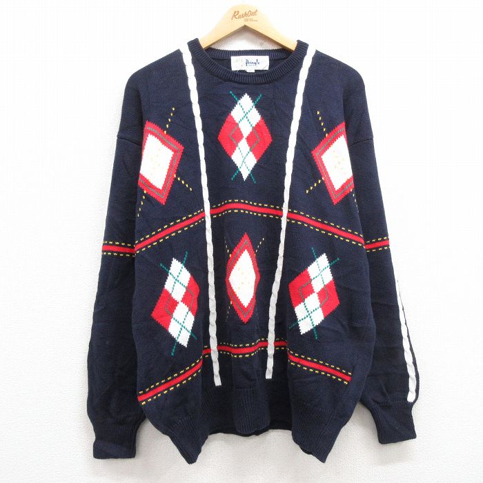 【50%OFF】XL★古着 長袖 セーター メンズ 90年代 90s アーガイル 手織り コットン クルーネック 濃紺 ネイビー 24dec06 中古 ニット トップス