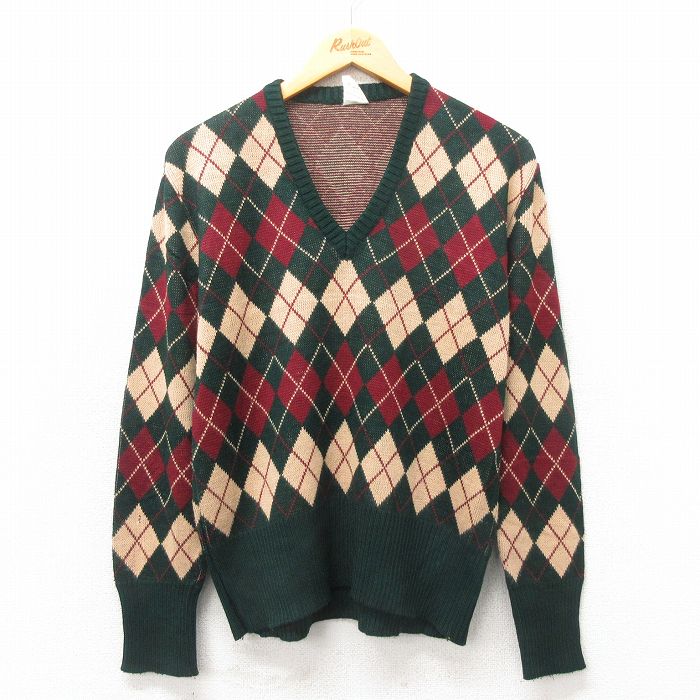 M★古着 長袖 セーター メンズ 80年代 80s アーガイル アクリル Vネック 緑 グリーン 24dec06 中古 ニット トップス