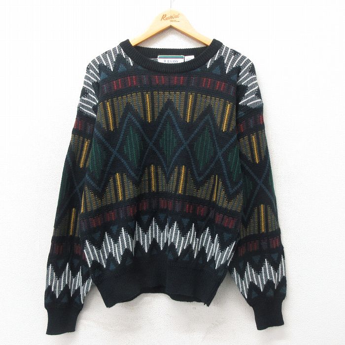 XL★古着 長袖 セーター メンズ 90年代 90s アクリル クルーネック 黒他 ブラック 24dec06 中古 ニット トップス