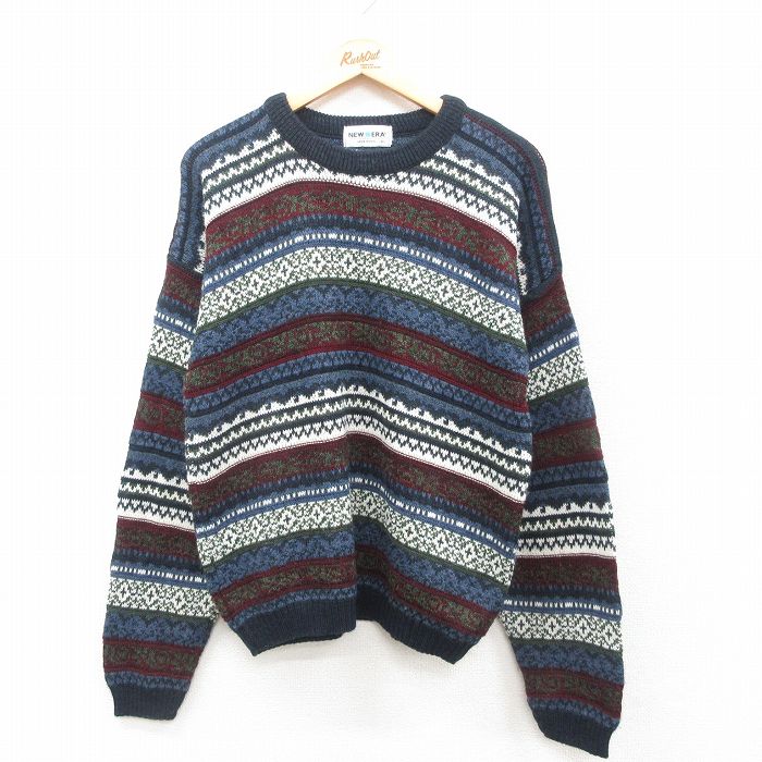 L★古着 ニューエラ 長袖 セーター メンズ 90年代 90s フェアアイル クルーネック USA製 紺他 ネイビー 24dec06 中古 ニット トップス