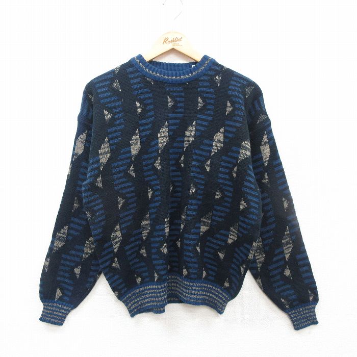 【50%OFF】L★古着 ギタノ 長袖 セーター メンズ 90年代 90s アクリル クルーネック 黒他 ブラック 24dec06 中古 ニット トップス