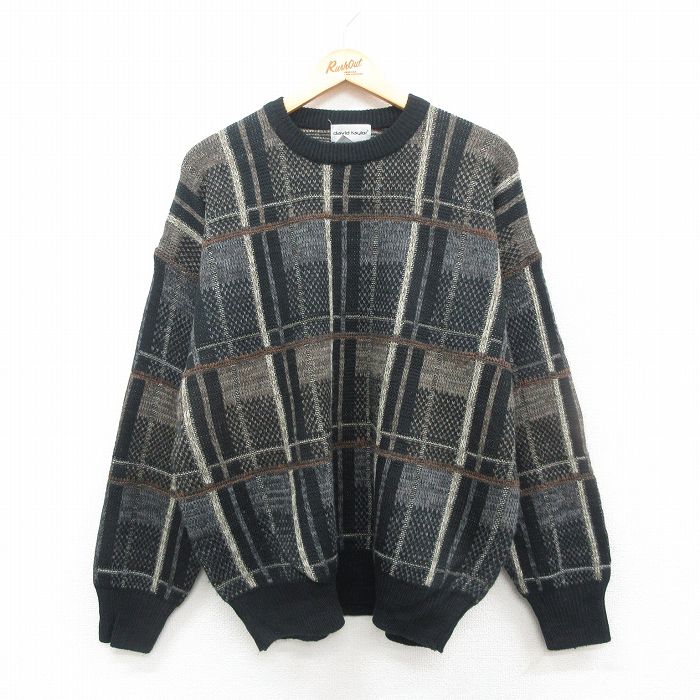 XL★古着 長袖 セーター メンズ 大きいサイズ アクリル クルーネック 黒他 ブラック 24dec06 中古 ニット トップス