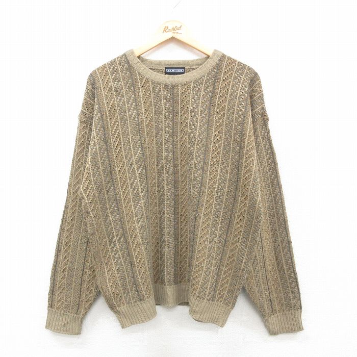 XL★古着 ジャンセン 長袖 セーター メンズ 00年代 00s アクリル クルーネック ベージュ系他 カーキ 24dec06 中古 ニット トップス