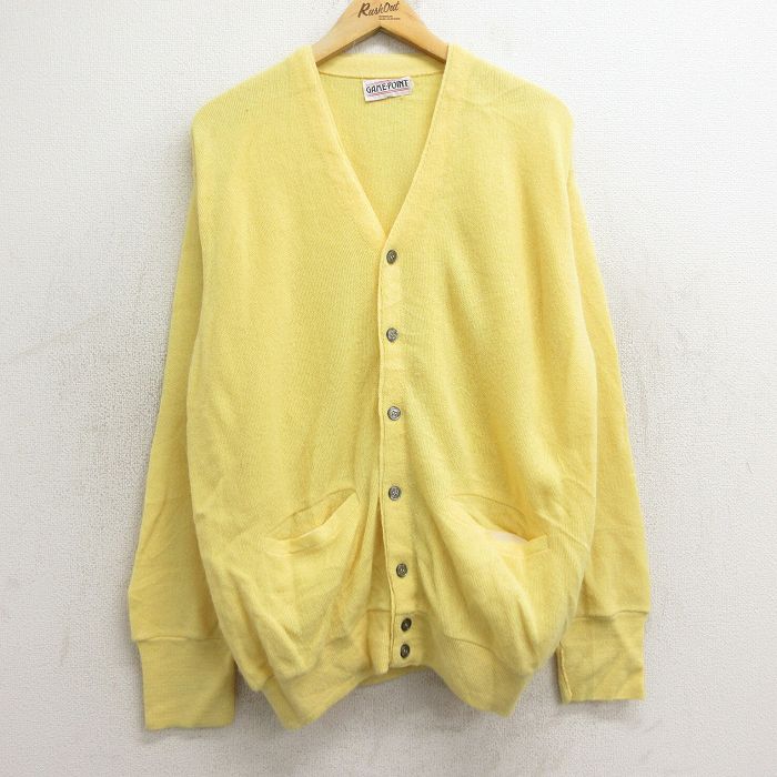 【20%OFF】XL★古着 長袖 ニット カーディガン メンズ 80年代 80s 無地 黄 イエロー 24dec07 中古 トップス