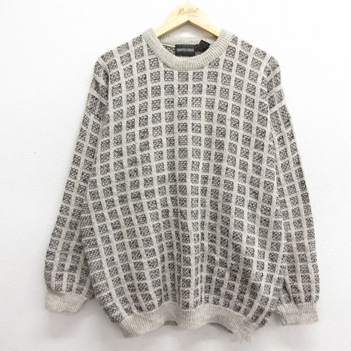XL★古着 長袖 セーター メンズ 90年代 90s クルーネック イタリア製 ベージュ他 カーキ 24dec07 中古 ニット トップス