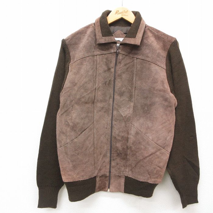 M★古着 長袖 フルジップ ニット カーディガン メンズ レザー使用 アクリル 茶 ブラウン 24dec07 中古 トップス