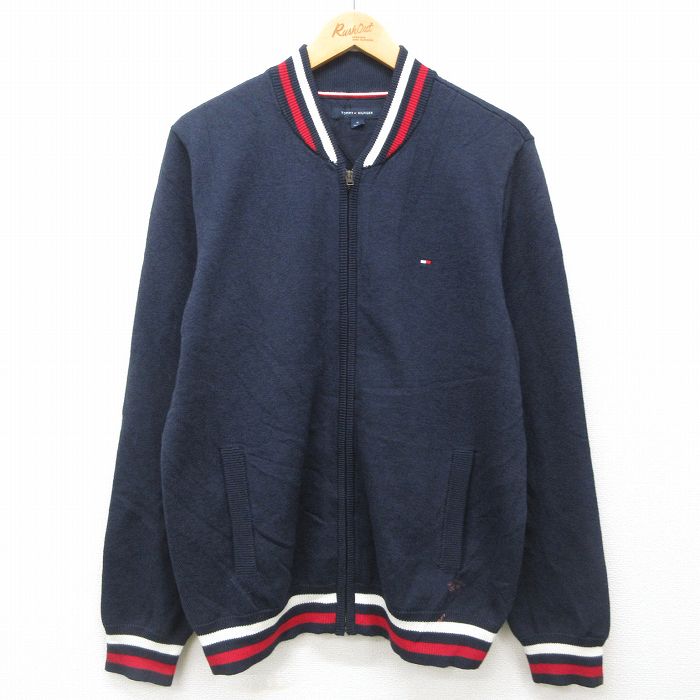 【50%OFF】M★古着 トミーヒルフィガー TOMMY HILFIGER 長袖 ブランド フルジップ ニット カーディガン メンズ ワンポイントロゴ 濃紺 ネイビー 24dec07 中古 トップス