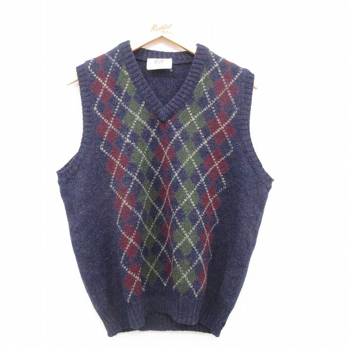 【50%OFF】M★古着 ニット ベスト メンズ 80年代 80s アーガイル シェットランドウール Vネック アイルランド製 濃茶他 ブラウン 24dec07 中古 トップス
