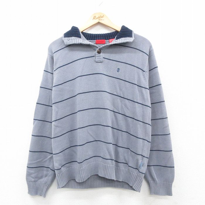 【50%OFF】L★古着 IZOD 長袖 セーター メンズ コットン グレー他 ボーダー 24dec07 中古 ニット トップス