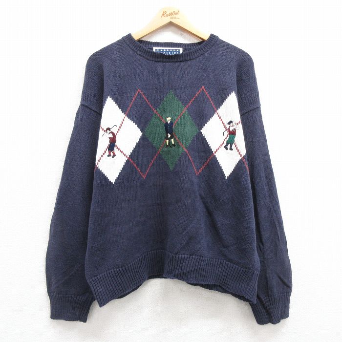 XL★古着 長袖 セーター メンズ 00年代 00s ゴルフ 刺繍 クルーネック 紺 ネイビー 24dec10 中古 ニット トップス