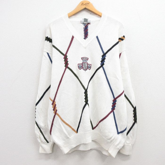 XL★古着 IZOD 長袖 セーター メンズ 90年代 90s ゴルフ 刺繍 コットン Vネック 白 ホワイト 24dec10 中古 ニット トップス