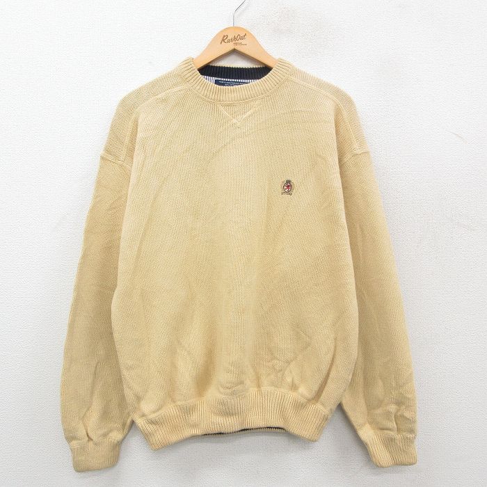 【50%OFF】L★古着 トミーヒルフィガー TOMMY HILFIGER 長袖 ブランド セーター メンズ コットン クルーネック 薄黄 イエロー 24dec11 中古 ニット トップス