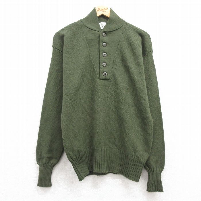 M★古着 長袖 セーター メンズ ミリタリー アクリル ヘンリーネック 濃緑 グリーン 24dec12 中古 ニット トップス