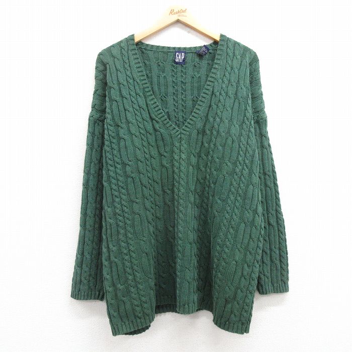 XL★古着 ギャップ GAP 長袖 ケーブル セーター メンズ 90年代 90s Vネック 緑 グリーン 【spe】 24dec12 中古 ニット トップス