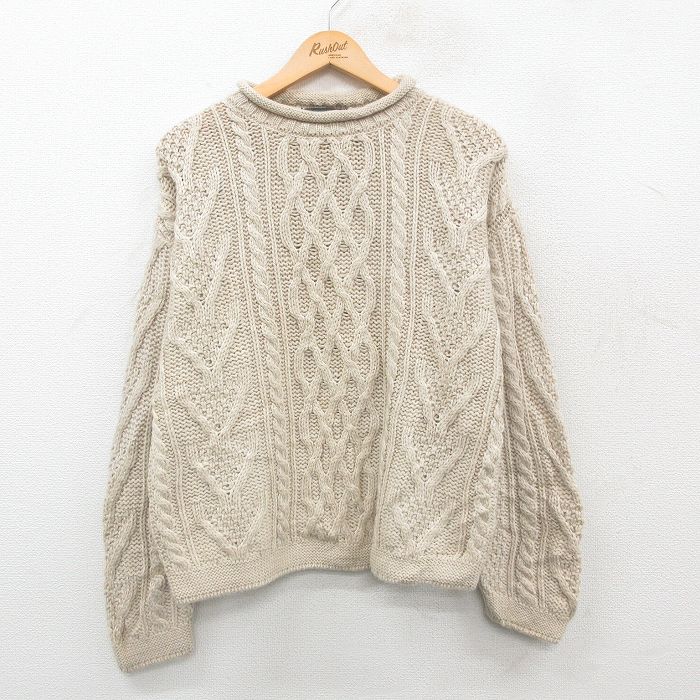 【50%OFF】XL★古着 長袖 アラン フィッシャーマン ケーブル セーター メンズ 90年代 90s ウール クルーネック アイルランド製 生成り 24dec12 中古 ニット トップス