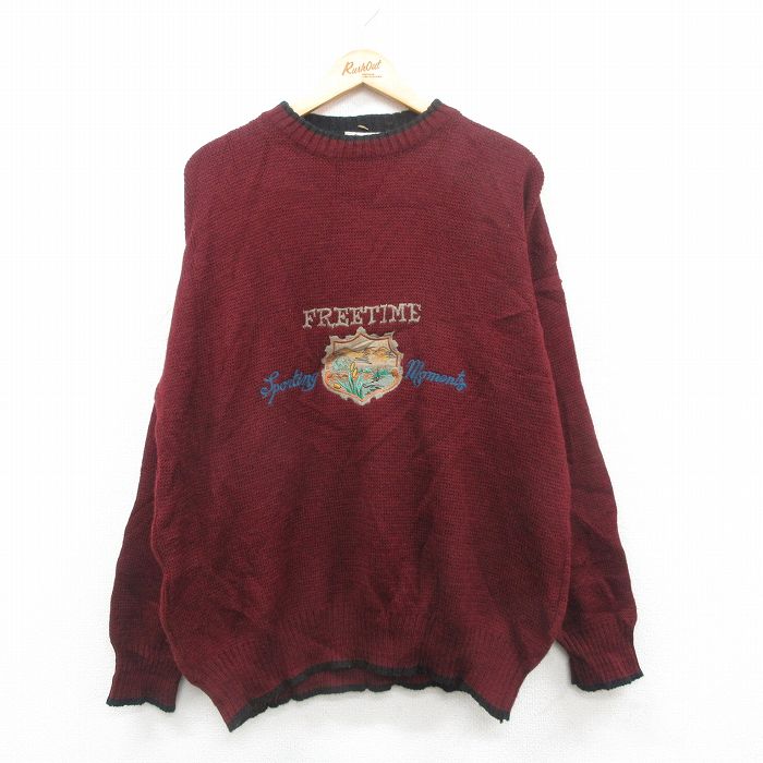 【20%OFF】XL★古着 長袖 セーター メンズ 90年代 90s FREE TIME 刺繍 大きいサイズ クルーネック イタリア製 エンジ他 24dec12 中古 ニット トップス