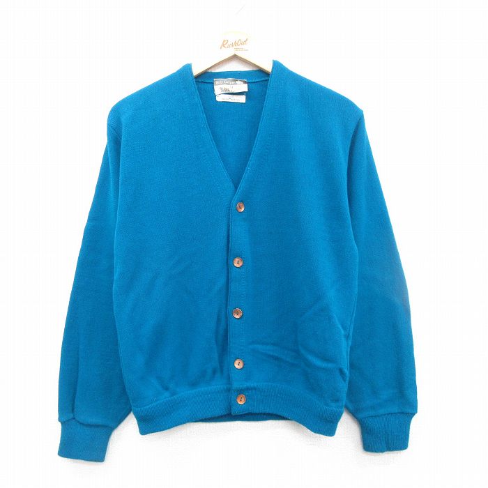M★古着 長袖 ニット カーディガン メンズ 80年代 80s 無地 アクリル 青緑 24dec13 中古 トップス