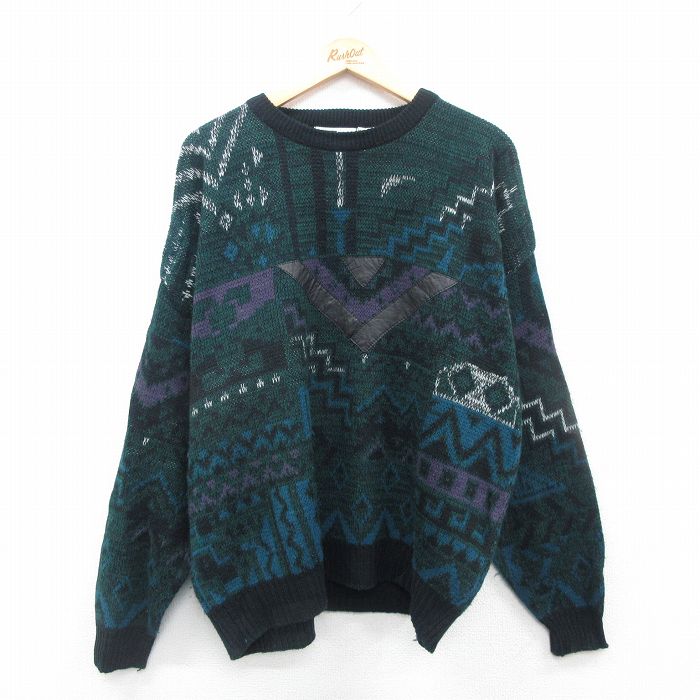 XL★古着 長袖 セーター メンズ 90年代 90s レザー使用 大きいサイズ クルーネック 緑他 グリーン 【spe】 24dec13 中古 ニット トップス