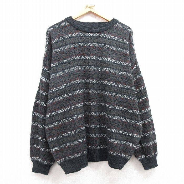 【50%OFF】XL★古着 長袖 セーター メンズ 90年代 90s フェアアイル 大きいサイズ アクリル クルーネック グレー 24dec19 中古 ニット トップス