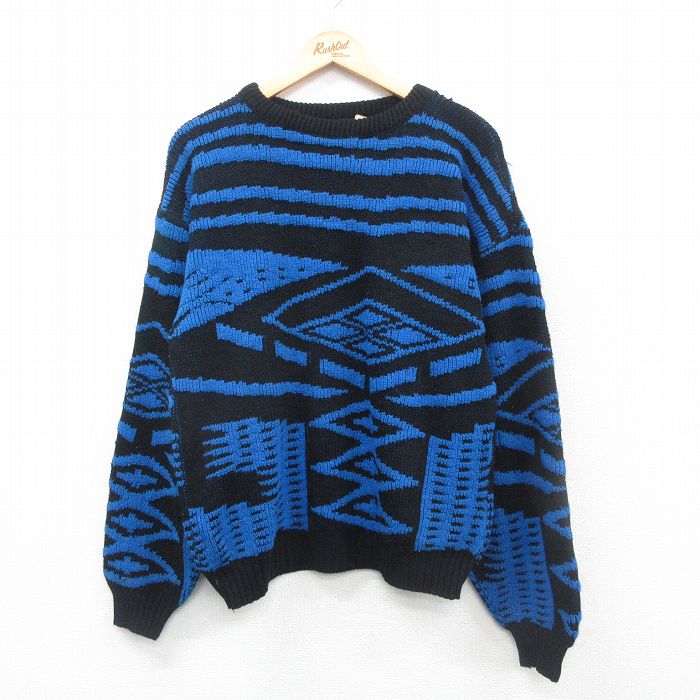 M★古着 長袖 セーター メンズ 90年代 90s アクリル クルーネック USA製 青他 ブルー 24dec19 中古 ニット トップス