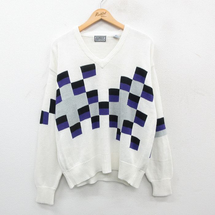 【50%OFF】L★古着 長袖 セーター メンズ 00年代 00s アクリル Vネック 白他 ホワイト 24dec19 中古 ニット トップス