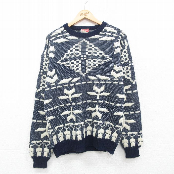 【20%OFF】M★古着 bonjour 長袖 セーター メンズ 90年代 90s アクリル クルーネック 紺他 ネイビー 24dec19 中古 ニット トップス