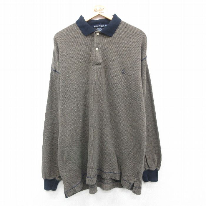 【20%OFF】XL★古着 ノーティカ NAUTICA 長袖 ブランド セーター メンズ 90年代 90s ワンポイントロゴ 大きいサイズ ロング丈 コットン 襟付き 茶他 ブラウン 24dec19 中古 ニット トップス