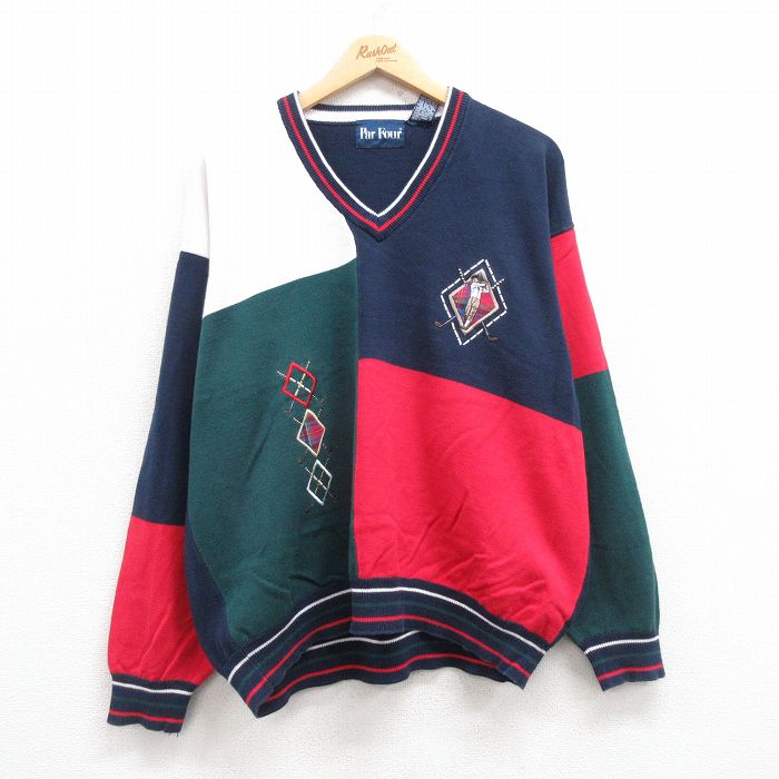 XL★古着 Par Four 長袖 セーター メンズ 80年代 80s ゴルフ マルチカラー クレイジーパターン 大きいサイズ コットン Vネック 紺他 ネイビー 【spe】 24dec20 中古 ニット トップス