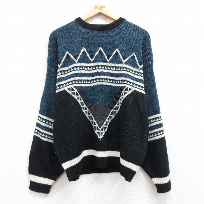 【50%OFF】L★古着 長袖 セーター メンズ 00年代 00s レザー使用 アクリル クルーネック 紺他 ネイビー 24dec20 中古 ニット トップス