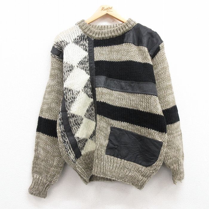 M★古着 長袖 セーター メンズ 90年代 90s レザー使用 アクリル ベージュ カーキ 24dec20 中古 ニット トップス