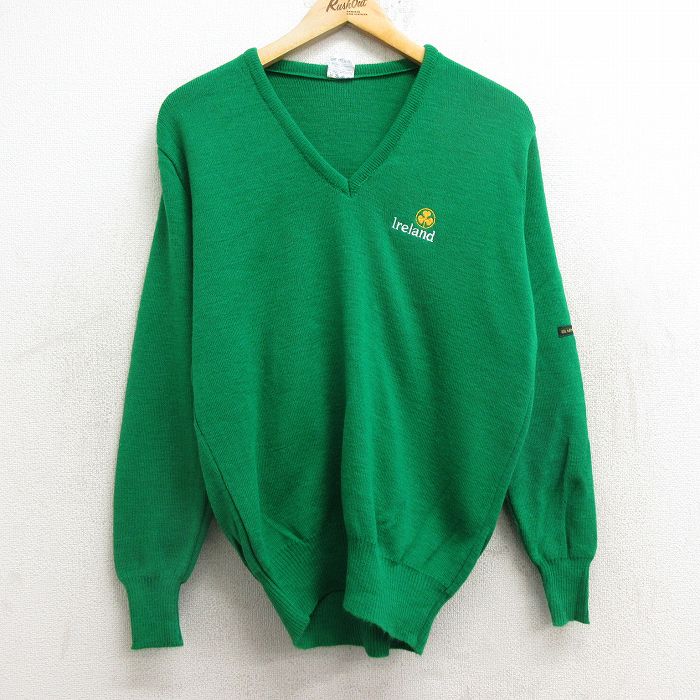 M★古着 長袖 セーター メンズ 90年代 90s クローバー アクリル Vネック アイルランド製 緑 グリーン 24dec21 中古 ニット トップス