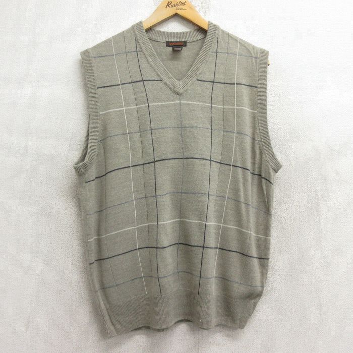 【50%OFF】M★古着 ドッカーズ ニット ベスト メンズ アクリル Vネック 薄ベージュ系 カーキ チェック 24dec21 中古 トップス
