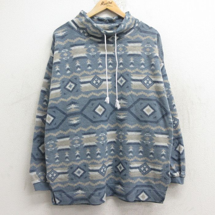 【50%OFF】L★古着 長袖 トップス メンズ 90年代 90s ネイティブ柄 ラグ柄 アクリル モックネック ハイネック 薄紺他 ネイビー 24dec21 中古