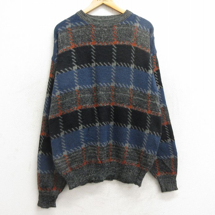 XL★古着 メンバーズオンリー 長袖 セーター メンズ 90年代 90s 大きいサイズ クルーネック 濃グレー他 チェック 24dec21 中古 ニット トップス