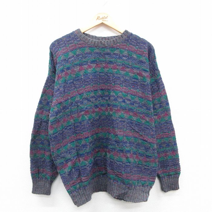 【50%OFF】XL★古着 長袖 セーター メンズ 90年代 90s ウール クルーネック USA製 紺他 ネイビー 24dec21 中古 ニット トップス