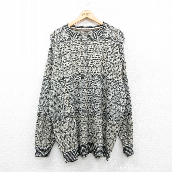XL★古着 長袖 セーター メンズ 90年代 90s 大きいサイズ クルーネック USA製 ベージュ他 カーキ 24dec21 中古 ニット トップス