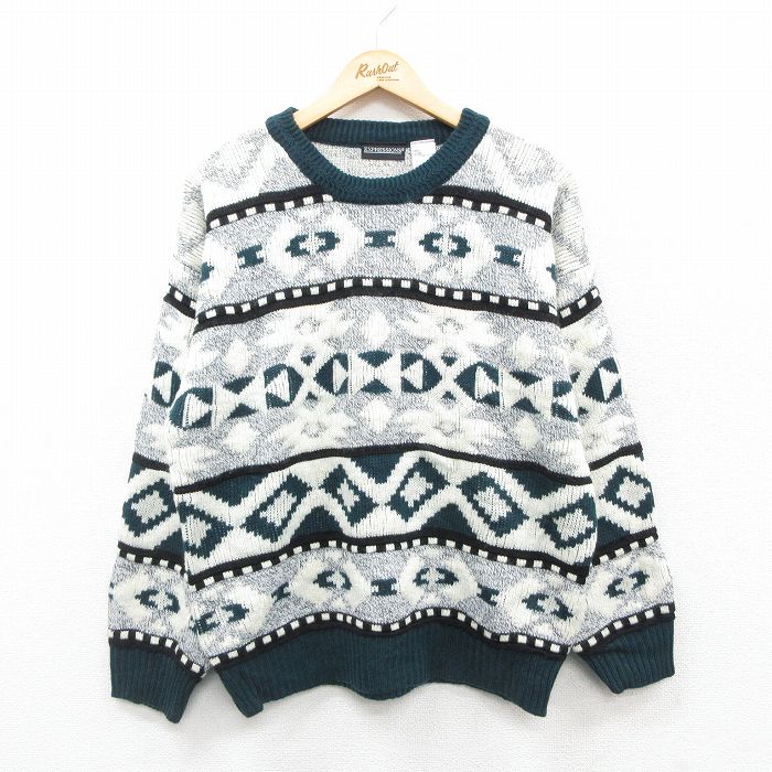 【50%OFF】XL★古着 長袖 セーター メンズ ネイティブ柄 ラグ柄 アクリル クルーネック 白他 ホワイト 24dec21 中古 ニット トップス