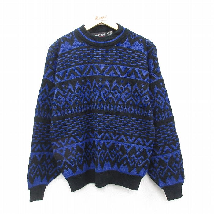 【20%OFF】M★古着 長袖 セーター メンズ 90年代 90s アクリル クルーネック 黒他 ブラック 24dec21 中古 ニット トップス