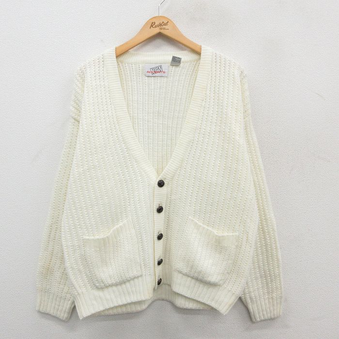 【50%OFF】L★古着 長袖 ニット カーディガン メンズ アクリル 白 ホワイト 24dec21 中古 トップス