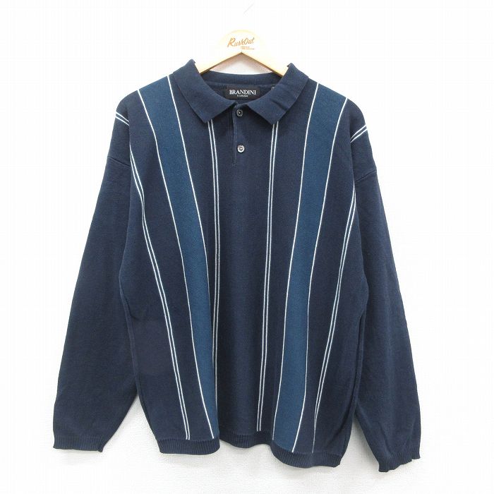 XL★古着 長袖 セーター メンズ 00年代 00s 襟付き 紺他 ネイビー ストライプ 24dec21 中古 ニット トップス