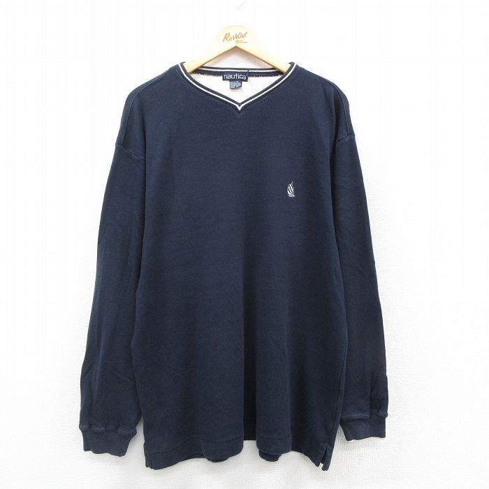 XL★古着 ノーティカ NAUTICA 長袖 ブランド セーター メンズ 90年代 90s ワンポイントロゴ コットン Vネック 紺他 ネイビー 24dec21 中古 ニット トップス