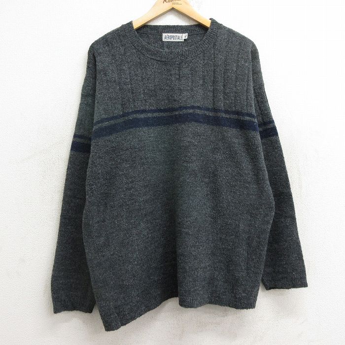 【50%OFF】L★古着 エアロポステール AEROPOSTALE 長袖 セーター メンズ 90年代 90s クルーネック USA製 濃グレー 24dec23 中古 ニット トップス