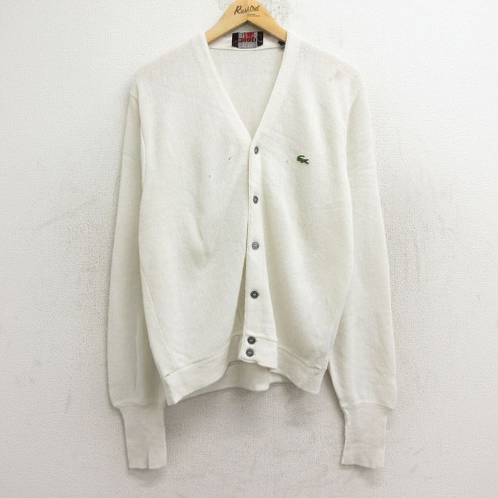 L★古着 IZOD 長袖 ニット カーディガン メンズ 80年代 80s ワンポイントロゴ アクリル 白 ホワイト 24dec23 中古 トップス