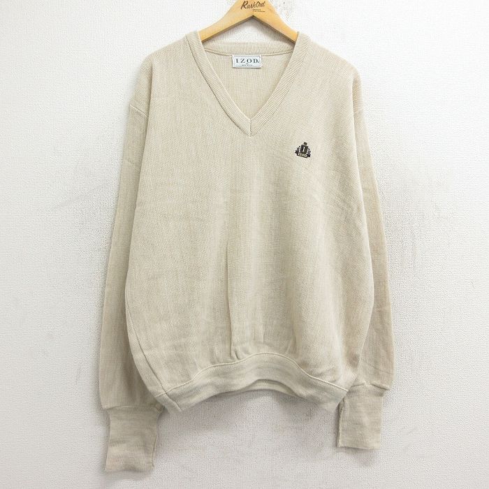 XL★古着 IZOD 長袖 セーター メンズ 90年代 90s ワンポイントロゴ アクリル Vネック USA製 ベージュ カーキ 24dec23 中古 ニット トップス