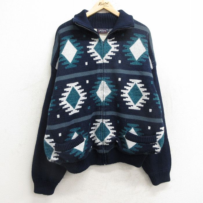 XL★古着 長袖 フルジップ ニット カーディガン メンズ 90年代 90s ネイティブ柄 ラグ柄 大きいサイズ アクリル 紺他 ネイビー 内側サーマル 24dec23 中古 トップス