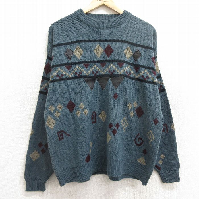 【50%OFF】L★古着 ギタノ GITANO 長袖 セーター メンズ 90年代 90s レザー使用 アクリル クルーネック 薄紺系他 ネイビー 【spe】 24dec23 中古 ニット トップス